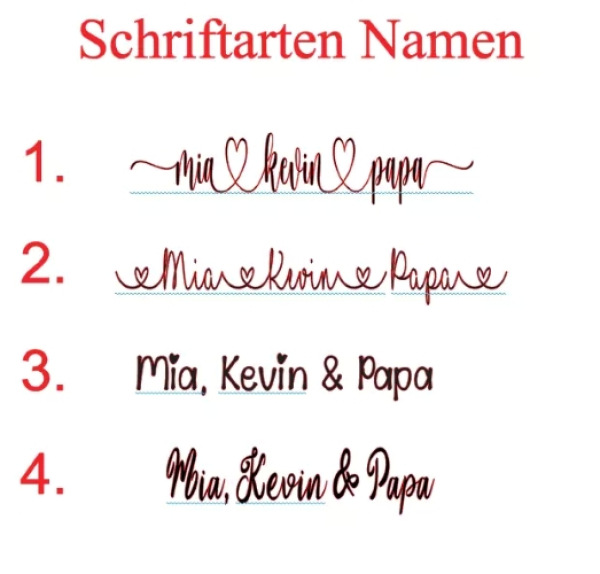Verschiedene elegante Schriftarten für die Namen der Schenkenden, z.B. „Max“ oder „Lisa“, um den 3D Rosenrahmen mit einer persönlichen Widmung zu versehen. Perfekt für personalisierte Geschenke zum Muttertag, Vatertag oder besondere Anlässe.“